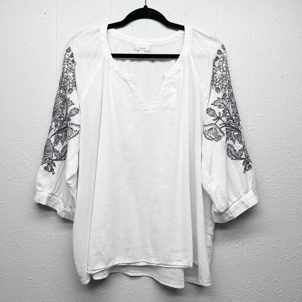 Pure Jill Puff Sleeve Embroidered Gauzy Top Women XL Cotton Boho Peasant Relaxed